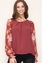 Load image into Gallery viewer, Lily Marsala Floral Sleeve Blouse