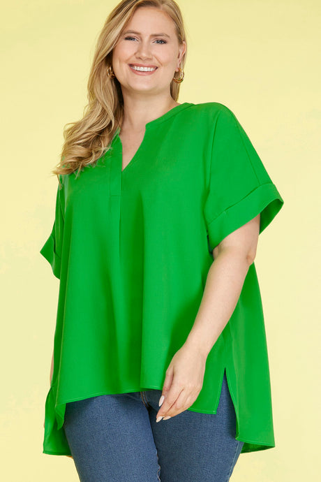 Lexi Green V-Neck Curvy Woven Top