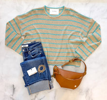Load image into Gallery viewer, Heidi Mocha/Aqua Striped Lightweight Sweater