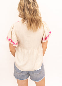Brix Khaki Floral Embroidered Top
