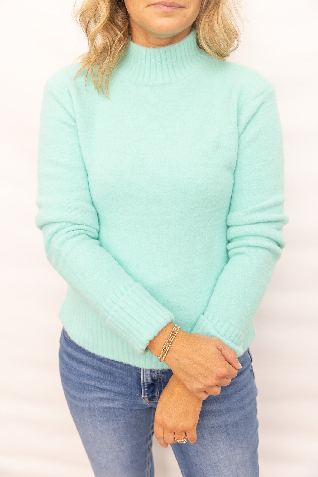 Alani Aqua Mock Neck Fuzzy Sweater