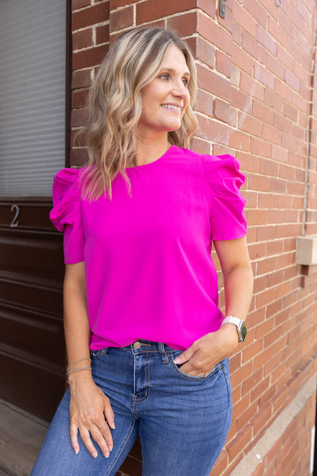 Casee Magenta Ruched Sleeve Top
