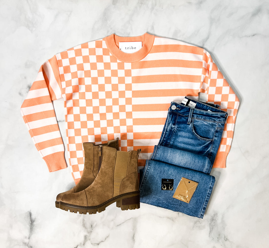 Marleigh Coral Checkerboard Sweater