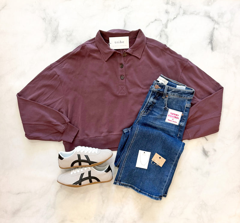 Stormi Washed Button Front Collared Sweatshirt