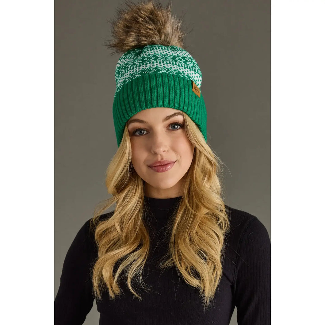 Green & White Winter Pom Hat