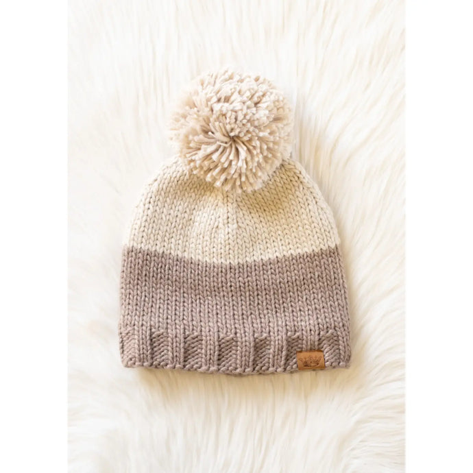 Beige & Taupe Color Block Pom Hat