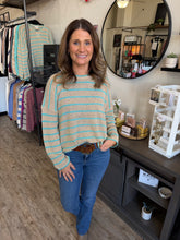 Load image into Gallery viewer, Heidi Mocha/Aqua Striped Lightweight Sweater