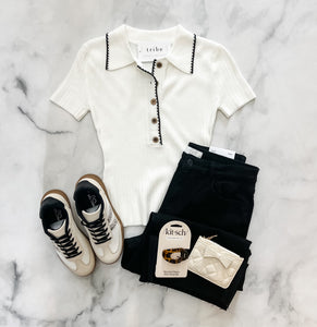 Alice Contrast Trim Half Button Sweater