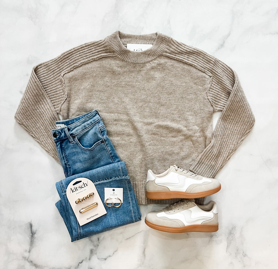Aubree Taupe Ribbed Sleeved Sweater