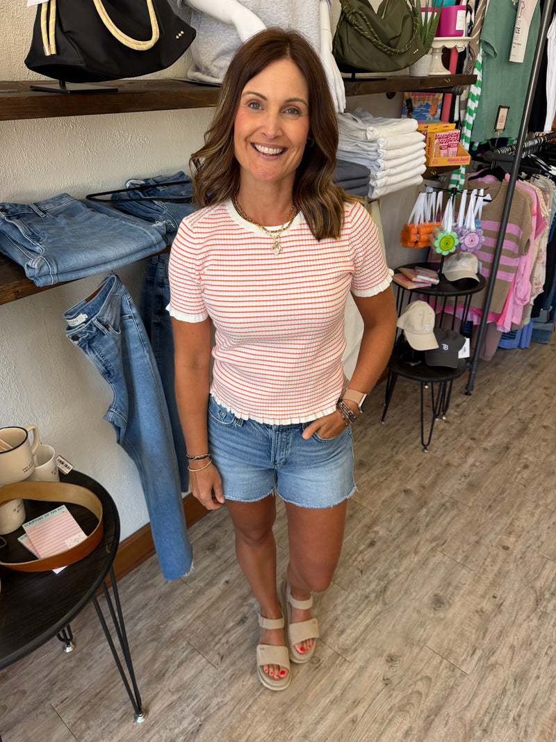 Vivian Stripe Ribbed Ruffle Top