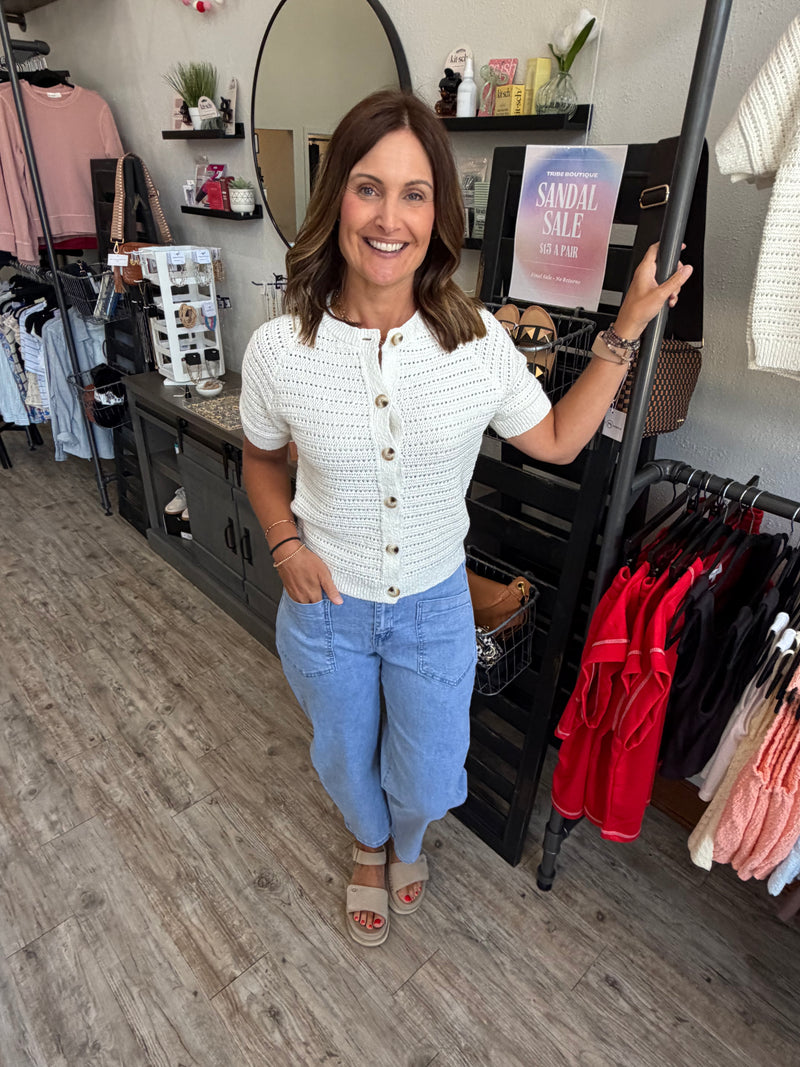 Emery Off White Short Sleeve Crochet Cardi