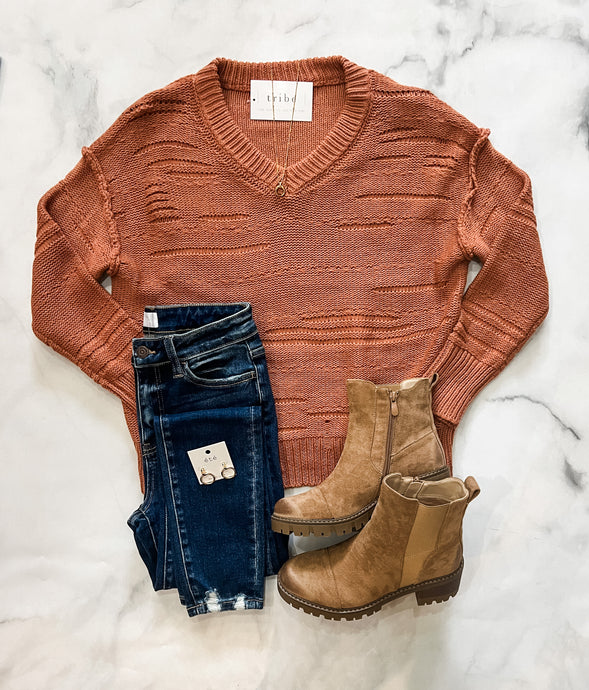 Jovie Terracotta Distressed V-Neck Pullover