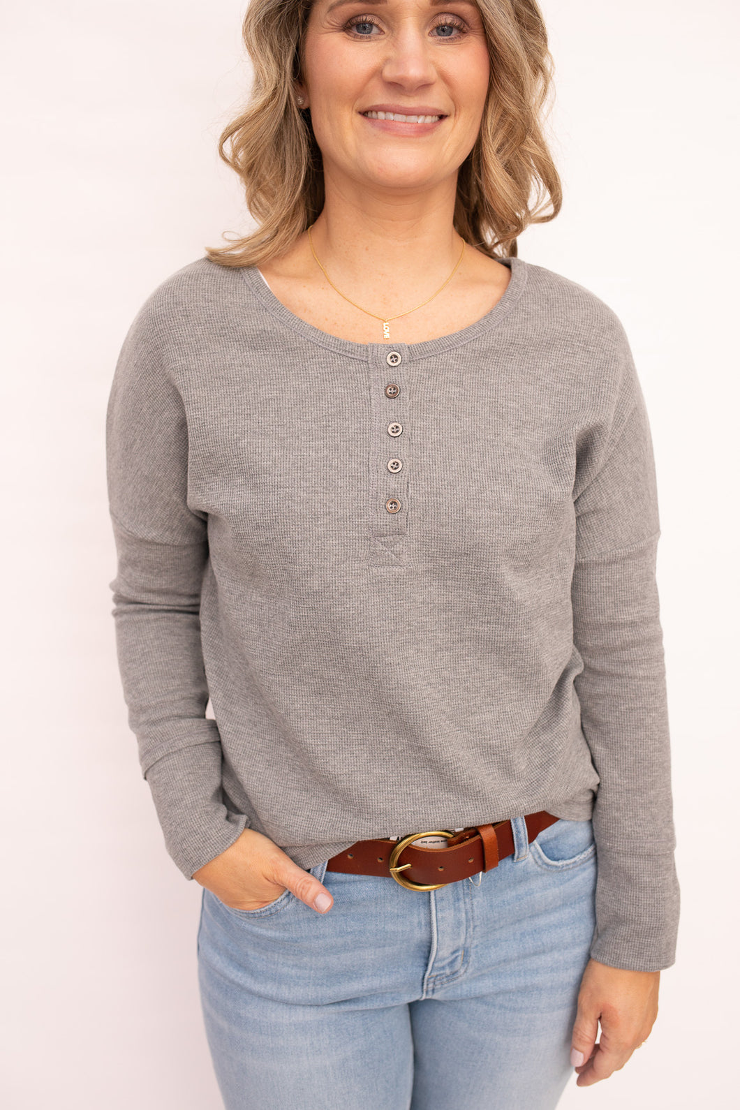 Amber Grey Waffle Knit Henley Top