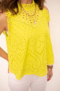 Leslie Lime Yellow Eyelet Lace Top