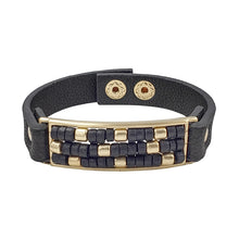 Load image into Gallery viewer, Natural Wood Beaded and Gold Natural Leather Snap Bracelet