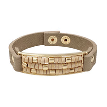 Load image into Gallery viewer, Natural Wood Beaded and Gold Natural Leather Snap Bracelet