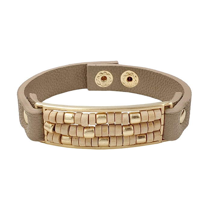 Natural Wood Beaded and Gold Natural Leather Snap Bracelet