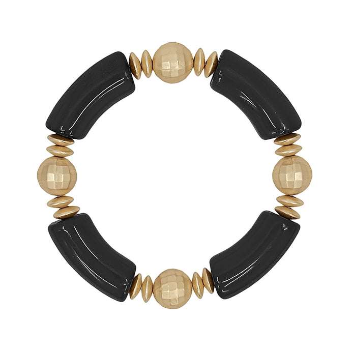 Black Acrylic Bamboo and Gold Beaded Stretch Bracelet