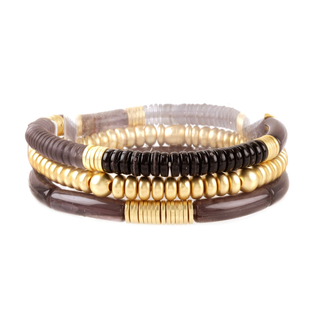Set of 3 Black, Gold, and Crystal Stretch Bracelet